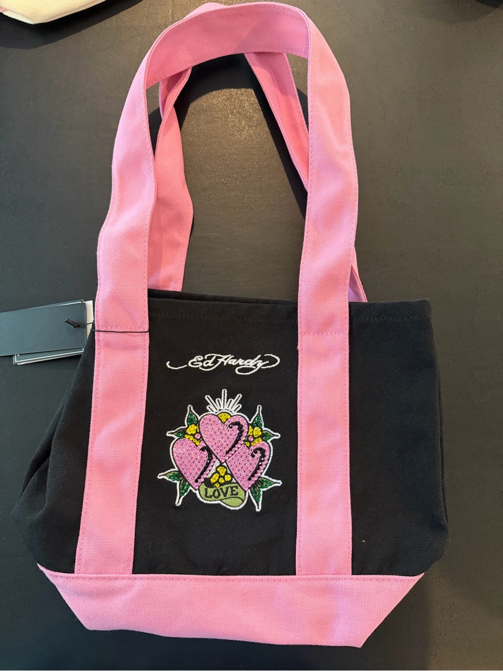Ed Hardy Black and Pink Canvas Tote with Embroidered Heart Motif